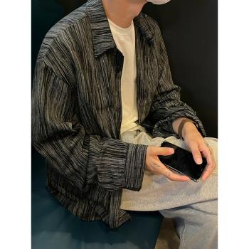 MRCYC高級感條紋襯衫男春季韓版寬松潮流設計感扎染長袖襯衣外套