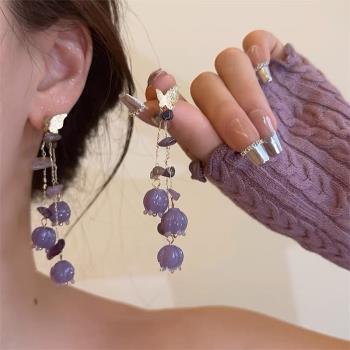 夏季復古風紫色鈴蘭花耳飾流蘇長款耳墜復古夸張高級感耳飾耳環