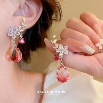 銀針鋯石花朵水滴流蘇耳環甜美輕奢高級感耳釘小眾設計感耳飾
