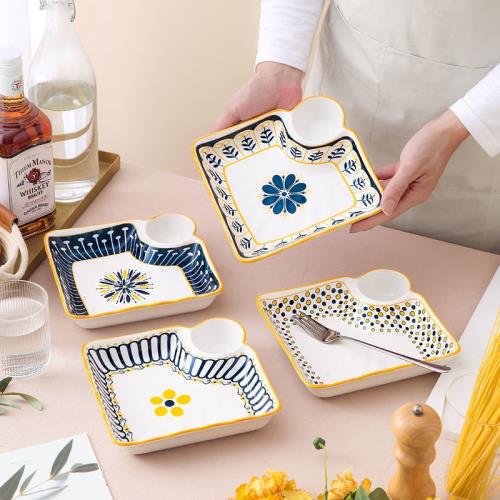 網紅爆款盤子餐盤陶瓷碟子家用菜碟防燙餃子盤帶醋碟多功能水果盤