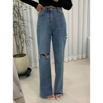 韓國chic夏季新款設計感小眾高腰不對稱撕破毛邊直筒拖地牛仔褲女