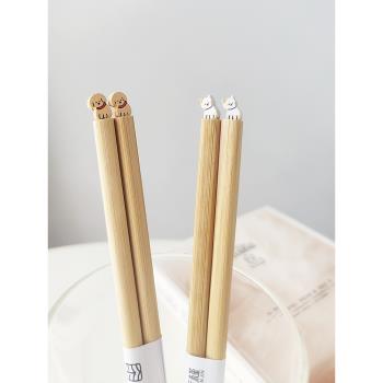 家用天然筷子分餐筷可愛立體日式卡通小狗竹筷子情侶筷子一人一筷