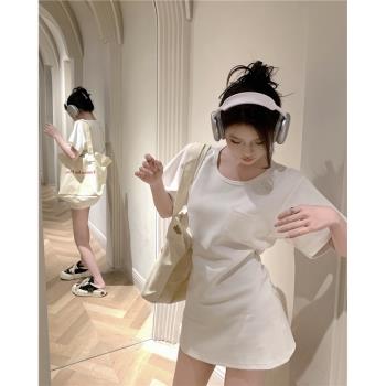 休閑口袋T恤短裙女夏裝白色短袖連衣裙簡約小個子顯瘦收腰a字裙子