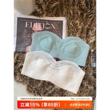 日本薄款無肩帶內衣女隱形蕾絲防走光裹胸防滑大胸顯小抹胸文胸罩