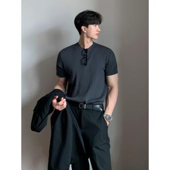 MRCYC高級感薄款條紋短袖針織衫男士夏季韓版修身彈力圓領針織t恤
