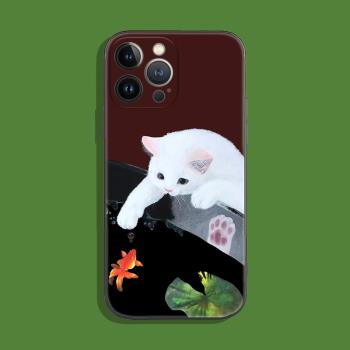 中國風白貓咪戲金魚藝術小眾適用iPhone XS Max蘋果15/14pro手機殼678plus