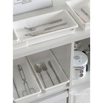 可伸縮簡約風收納格抽屜式整理盒廚房餐具收納盒塑料分隔儲物盒