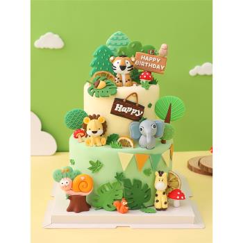 森系蛋糕裝飾卡通小動物樹樁路牌玩偶擺件兒童生日小樹葉子插牌