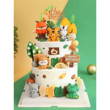 卡通兒童生日蛋糕裝飾熱帶動物軟膠玩偶擺件狐貍松鼠老虎斑馬鱷魚