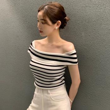 韓國chic夏季氣質小性感一字領露肩修身顯瘦條紋短袖針織衫上衣女