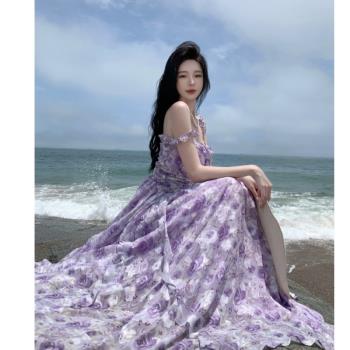 法式復古印花海邊氛圍感長裙及地顯瘦仙女吊帶別致漂亮紫色連衣裙