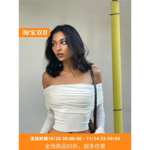 性感白色一字領露肩雙層褶皺長袖上衣春辣妹氣質修身短款外穿T恤