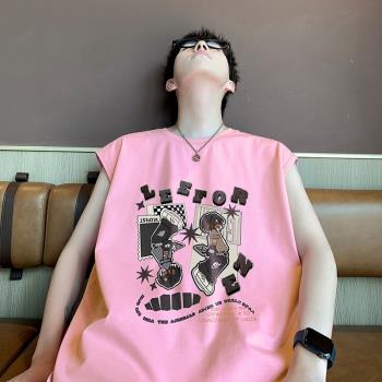 粉色背心男款夏季美式潮牌印花純棉運動坎袖上衣百搭潮流無袖t恤