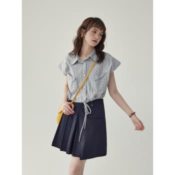 「北島AMUU」日系條紋系帶收腰襯衫女夏季設計感小眾別致百搭襯衣
