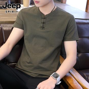 Jeep吉普夏季薄款綠色短袖t恤男士中國風半袖體恤新款棉麻衣服男