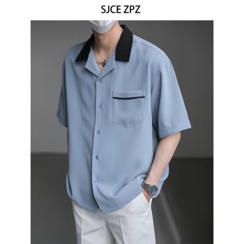ZPZ輕奢韓國INS高級垂感短袖襯衫男裝夏季潮流撞色古巴領免燙襯衣