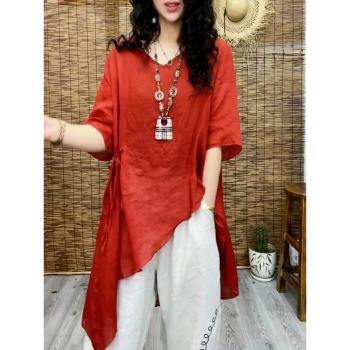 復古棉麻民族風女裝2023夏季新款紅色v領襯衫女設計感不規則上衣