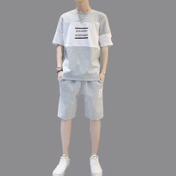休閑運動套裝男夏季2023新款韓版潮流短袖兩件套學生帥氣搭配短褲