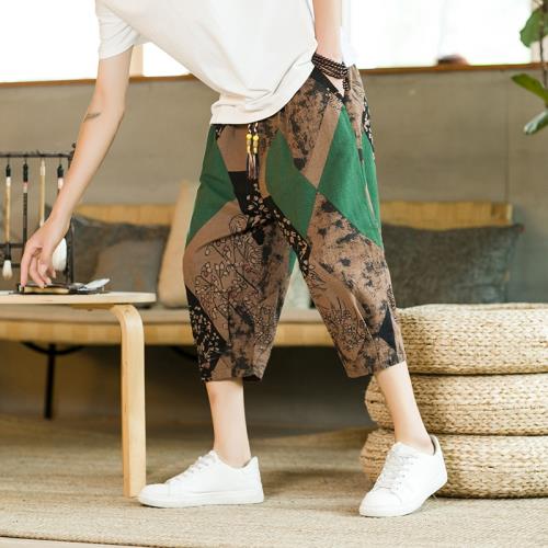 中國風七分休閑褲男夏季寬松碎花短褲子潮胖大碼棉麻沙灘褲中褲薄