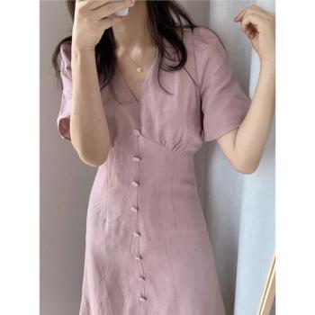 vintage淡粉色夏日花園桔梗裙2023年夏季新款修身百搭氣質連衣裙