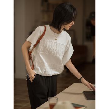 無謂韓式文藝2023夏季新款女裝寬松圓領氣質上衣設計感小眾女T恤