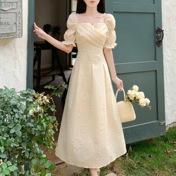 大碼法式提花玫瑰米白長裙子夏季高級名媛氣質方領優雅禮服連衣裙