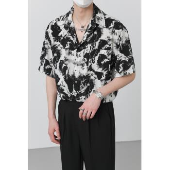 水墨畫短袖花襯衫男夏季薄款個性寬松休閑痞帥冰絲垂感古巴領襯衣