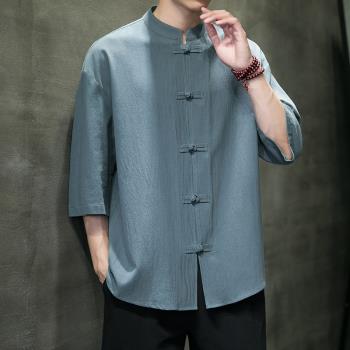 亞麻襯衫短袖男夏季新中式男裝中國風唐裝五分袖上衣棉麻襯衣外套