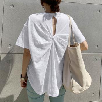 短袖t恤女設計感小眾夏季2023新款純棉寬松小心機后背鏤空上衣潮