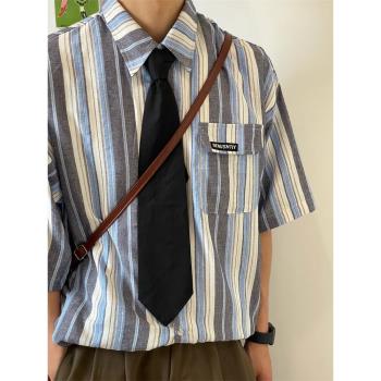 YINKESEN夏季新款拼色條紋襯衫短袖男士高級感潮流百搭上衣學院風
