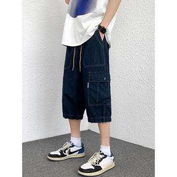 夏季青少年寬松潮流牛仔直筒短褲子初高中學生過膝帥氣工裝七分褲