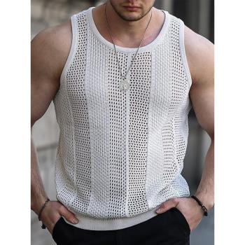 外貿男裝2023夏季新款鏤空針織衫男士無袖修身針織背心Mens vest
