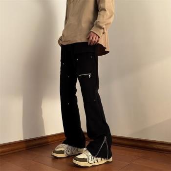 歐美高街vibe風褲子男小眾設計感微喇工裝機能口袋拉鏈炸街牛仔褲