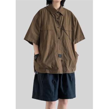 日系vintage復古短袖工裝襯衫男女夏季多口袋寬松休閑半袖襯上衣