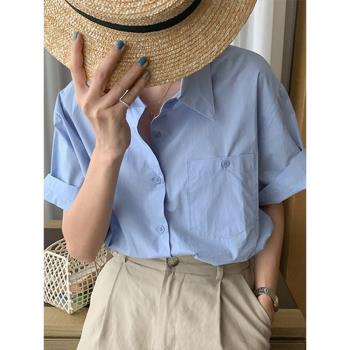 藍色短袖襯衫女2025年新款設計感小眾法式上衣顯瘦小個子襯衣夏季