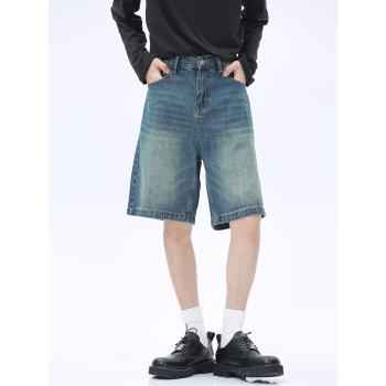Voguo Relay 原創設計闊腿5分復古藍色牛仔褲街頭寬松直筒短褲男
