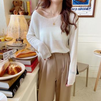 韓國寬松鏤空針織衫上衣女薄款冰絲罩衫 夏季V領套頭長袖防曬網衫
