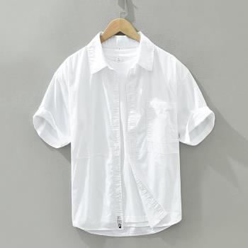 2023夏季新款日系潮流純棉短袖襯衫時尚拼接白色襯衣簡約休閑上衣