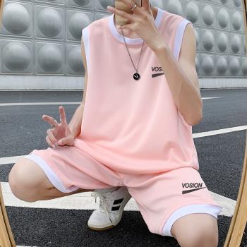 粉色冰絲運動籃球服套裝男夏季薄速干無袖短袖青少年球衣球服背心