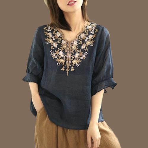 夏文藝復古刺繡V領繡花套頭藏青色棉麻五分袖襯衫寬松顯瘦上衣T恤