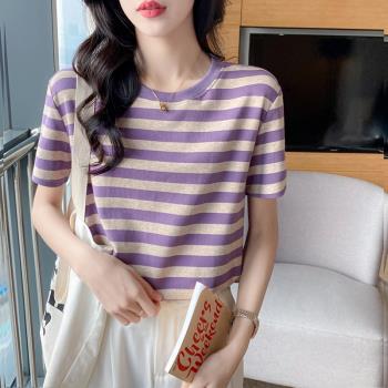 紫色復古條紋短袖上衣女下擺弧形設計感大碼女裝小個子顯瘦T恤夏