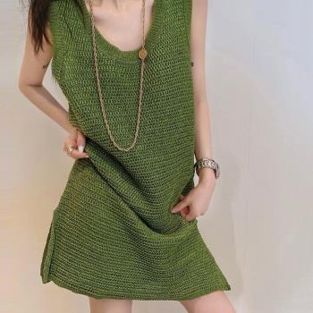小香法式風高級感休閑顯瘦綠色無袖連衣裙小眾設計氣質名媛新款夏