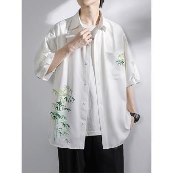 冰絲短袖襯衫男士夏季薄款新中式男裝中國風竹子刺繡七分袖襯衣服