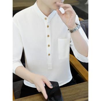 100%純棉七分袖襯衫男夏季棉麻中國風白色立領中袖寸衫短袖襯衣服