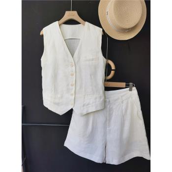 2023夏季時尚復古100%亞麻白色薄款馬甲 西裝短褲透氣休閑套裝女