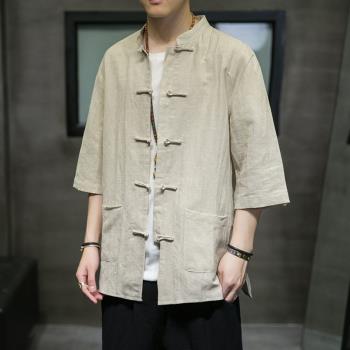 中國風亞麻襯衫男夏季短袖冰絲襯衣復古盤扣立領上衣棉麻唐裝外套