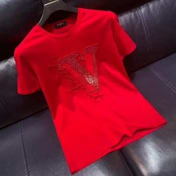 潮牌男士絲光棉字母v刺繡T恤夏季中國風紅色修身半袖個性男裝體恤