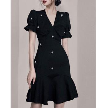 外貿法國小眾出口意大利專柜剪標女裝法式復古赫本風小黑裙連衣裙