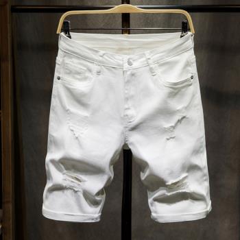 白色破洞男士牛仔短褲男夏季薄款刮爛五分褲個性中褲馬褲休閑潮牌