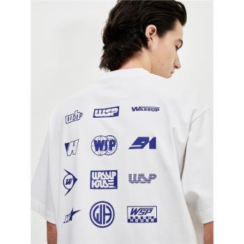 WASSUP賽車logo單色印花短袖T恤男女款個性原創潮牌新品純棉上衣